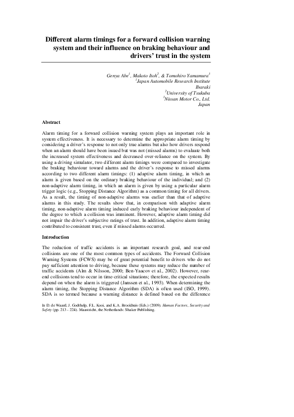 (PDF) Different alarm timings for a forward collision warning system ...