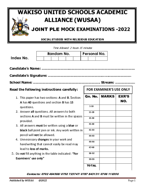(PDF) WUSAA Social studies Mock Exams 2022 (1) Eneku Ronald