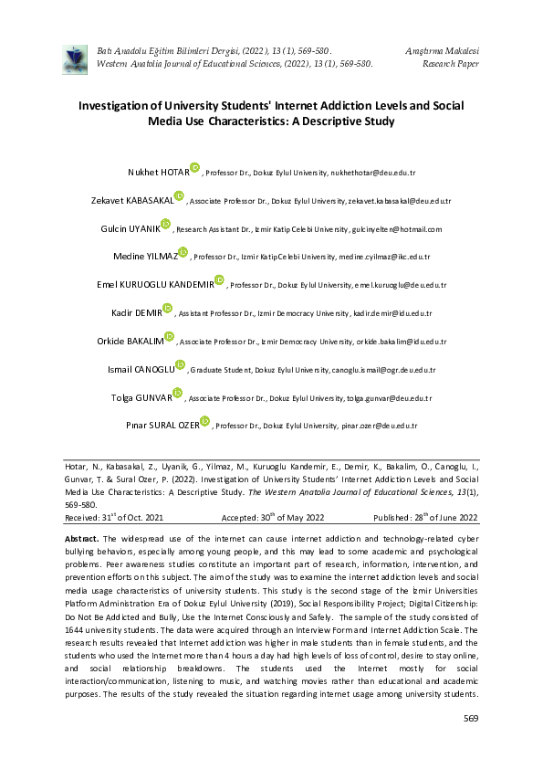 (PDF) Investigation of University Students' Internet Addiction Levels ...