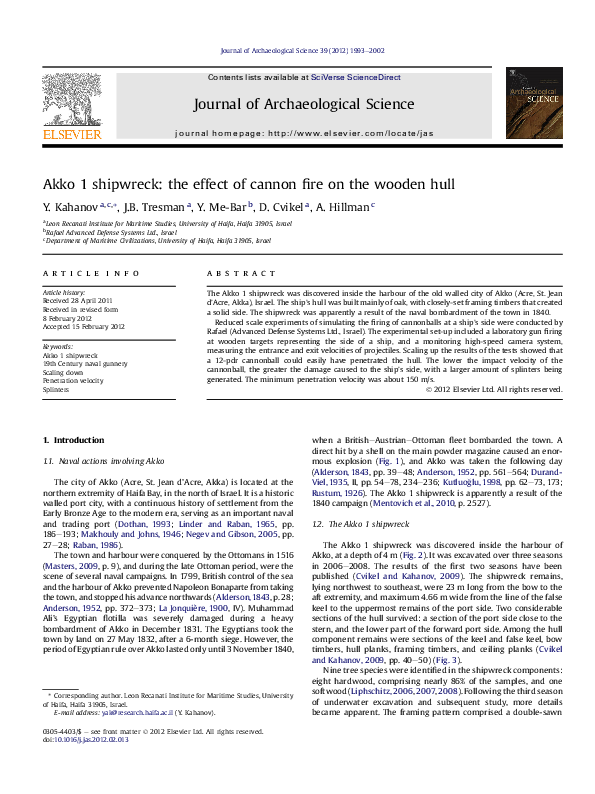 (PDF) Akko 1 shipwreck: the effect of cannon fire on the wooden hull