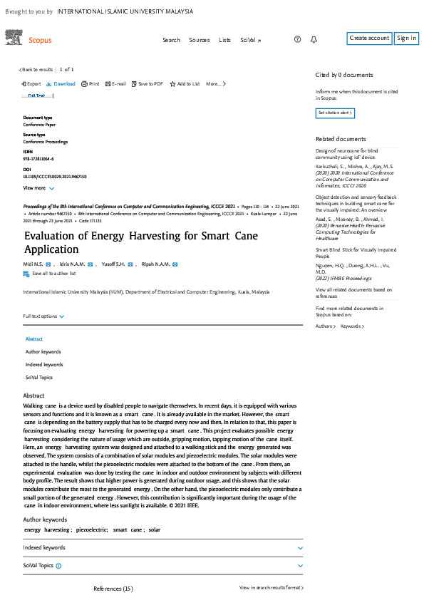 (PDF) Evaluation of Energy Harvesting for Smart Cane Application SITI