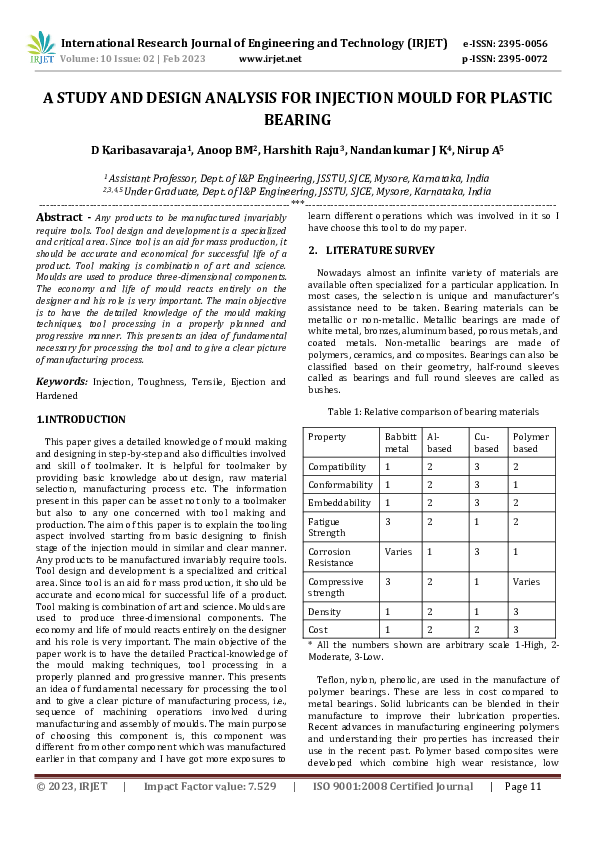 (PDF) A STUDY AND DESIGN ANALYSIS FOR INJECTION MOULD FOR PLASTIC BEARING
