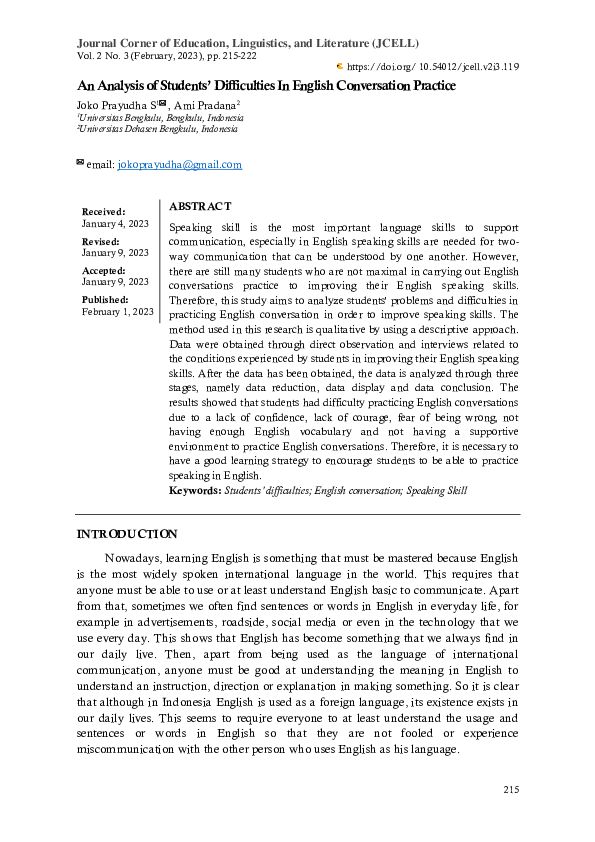 (PDF) Analysis of Students’ Difficulties in English Conversation Practice