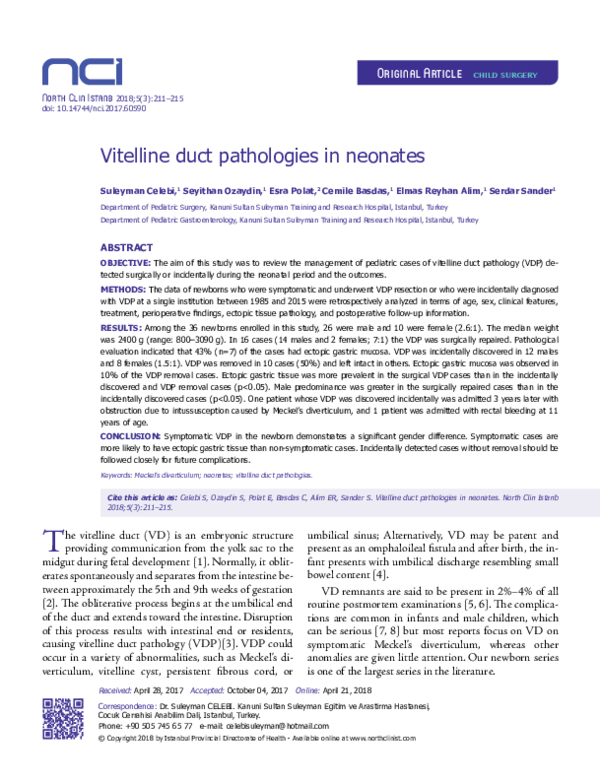 (PDF) Vitelline duct pathologies in neonates Süleyman Çelebi