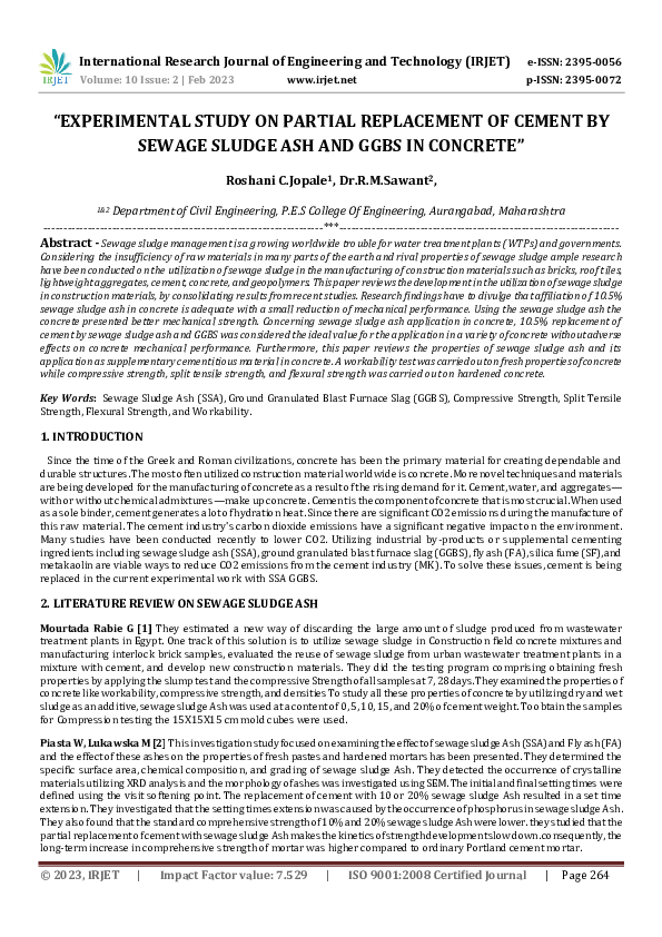 (PDF) "EXPERIMENTAL STUDY ON PARTIAL REPLACEMENT OF CEMENT BY SEWAGE ...