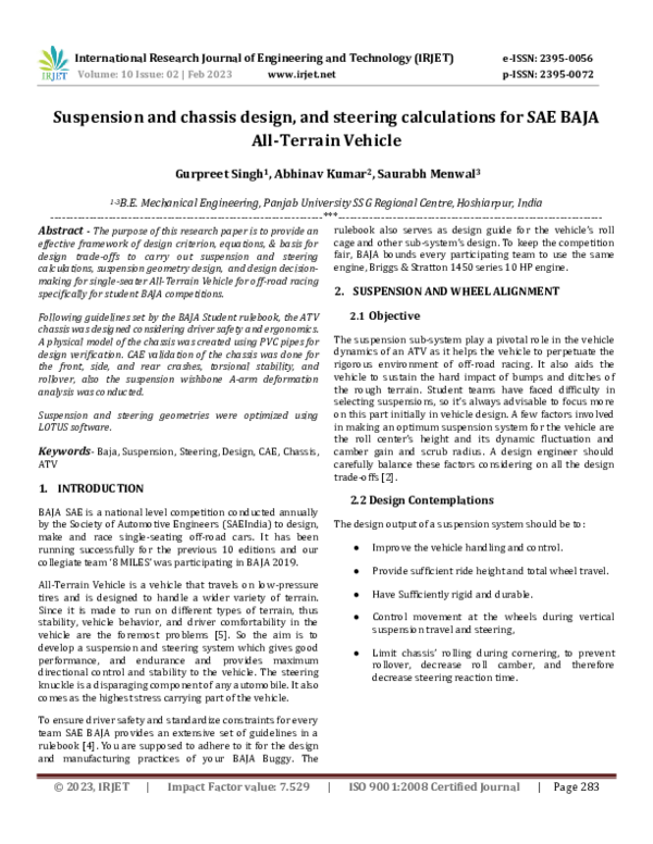 (PDF) Suspension and chassis design, and steering calculations for SAE BAJA AllTerrain Vehicle