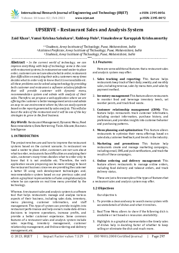 (PDF) UPSERVE -Restaurant Sales and Analysis System