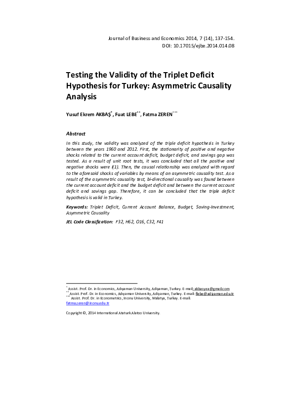 (PDF) Testing the Validity of the Triplet Deficit Hypothesis for Turkey ...
