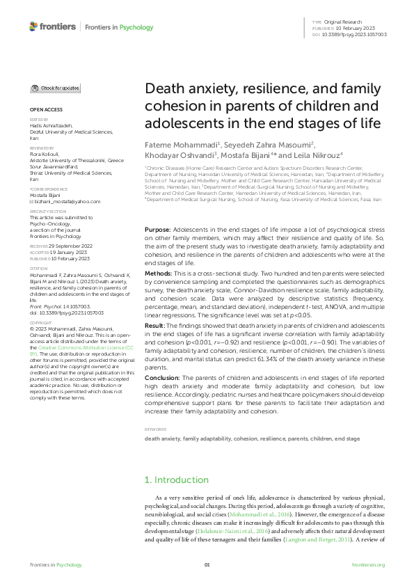 (PDF) Death anxiety, resilience, and family cohesion in parents of ...