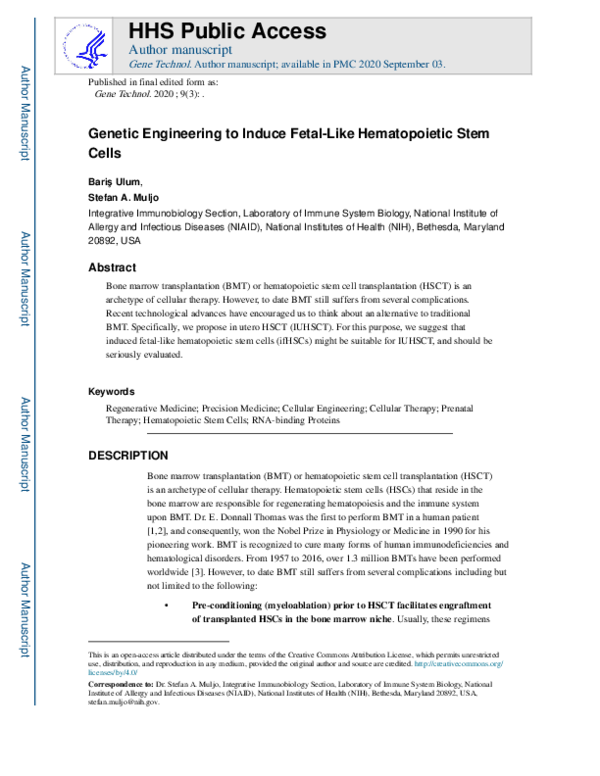 (PDF) Genetic Engineering to Induce Fetal-Like Hematopoietic Stem Cells
