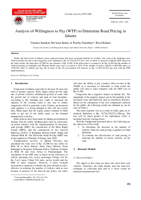 (PDF) Analysis of Willingness to Pay (WTP) to Determine Road Pricing in ...