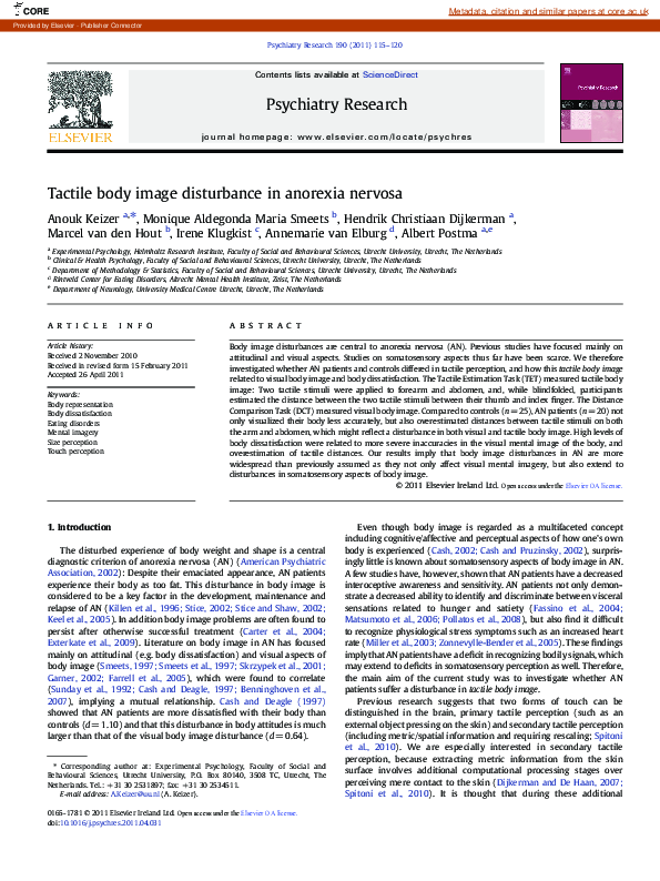 (PDF) Tactile body image disturbance in anorexia nervosa