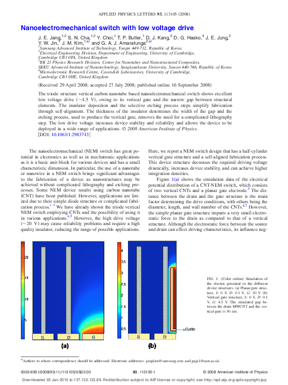 (PDF) Nanoelectromechanical switch with low voltage drive