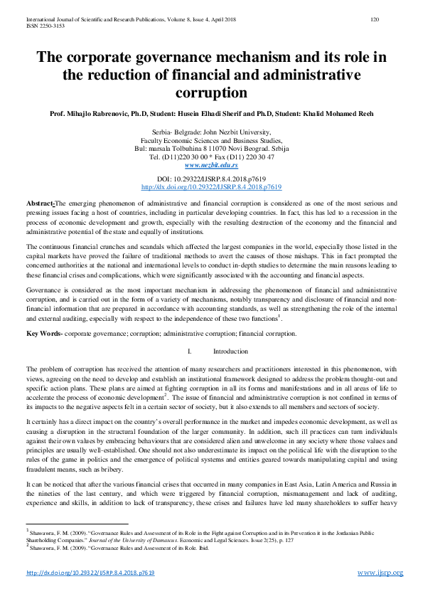 (PDF) The corporate governance mechanism and its role in the reduction ...