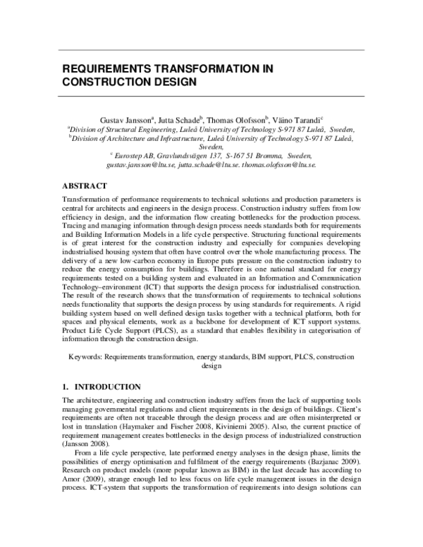 Requirements Transformation in Construction Design