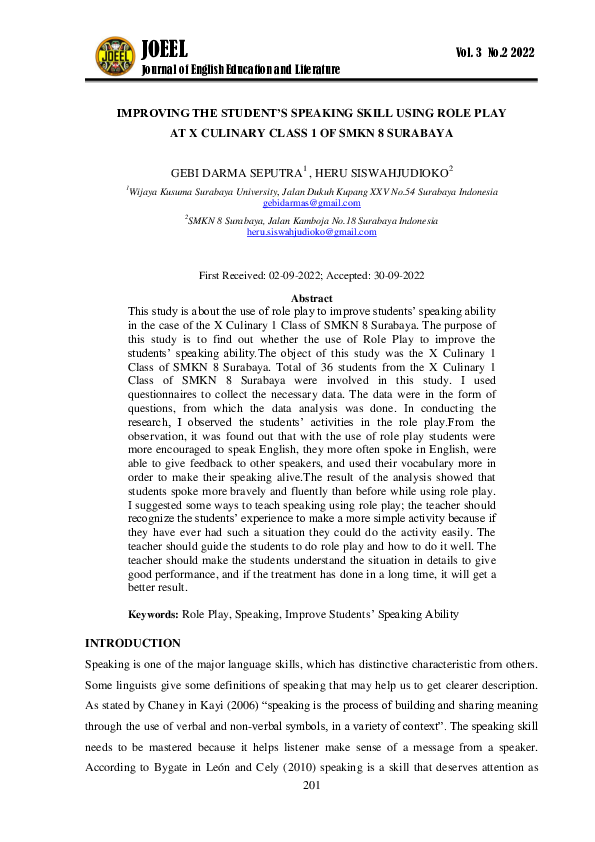 (PDF) Improving the Student’s Speaking Skill Using Role Play at X ...