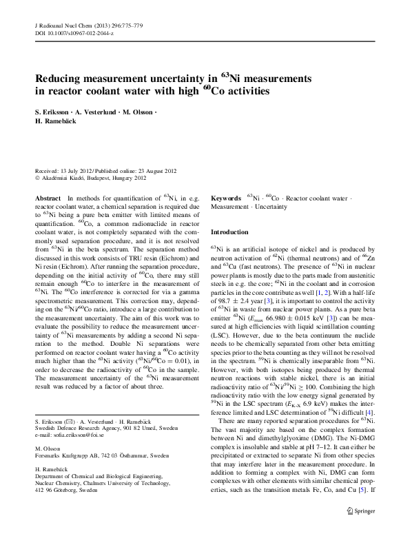 (PDF) Reducing measurement uncertainty in 63Ni measurements in reactor ...
