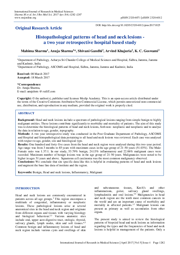 (PDF) Histopathological patterns of head and neck lesions - a two year ...