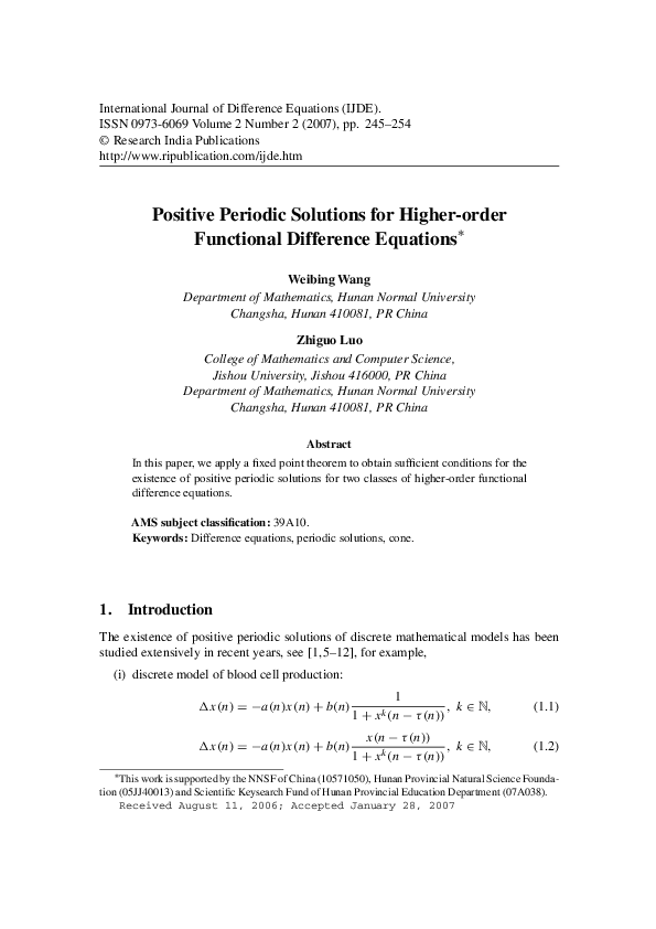 (PDF) Positive periodic solutions for higher order functional ...