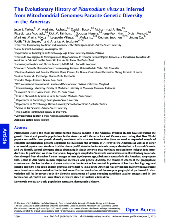(PDF) The Evolutionary History of Plasmodium vivax as Inferred from ...