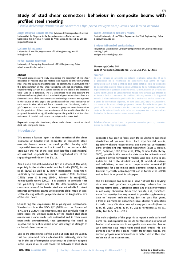 (PDF) Study of stud shear connectors behaviour in composite beams with ...