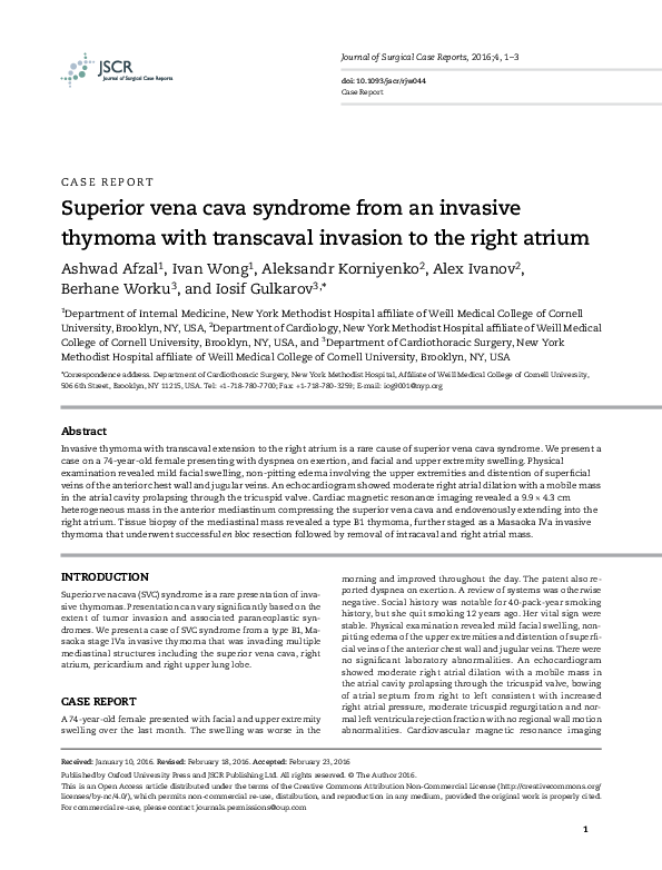 (PDF) Superior vena cava syndrome from an invasive thymoma with ...
