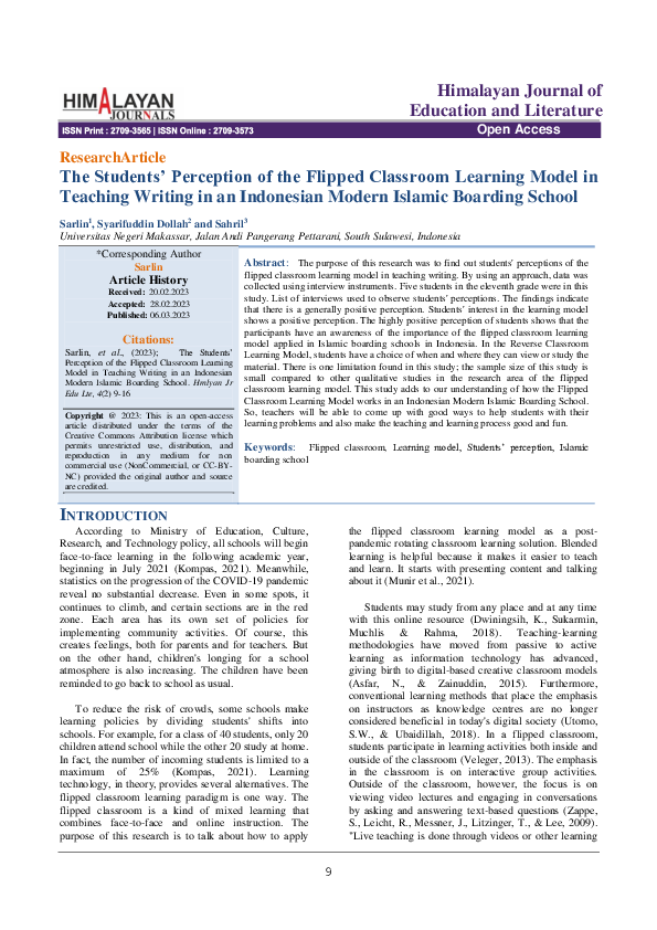 (PDF) The Students' Perception of the Flipped Classroom Learning Model ...