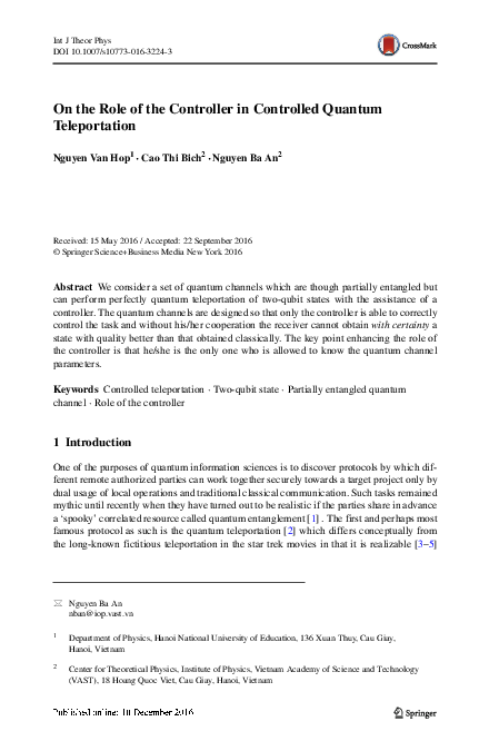 (PDF) On the Role of the Controller in Controlled Quantum Teleportation