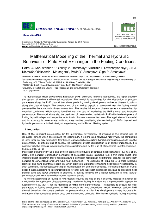 (PDF) Mathematical Modelling of the Thermal and Hydraulic Behaviour of ...