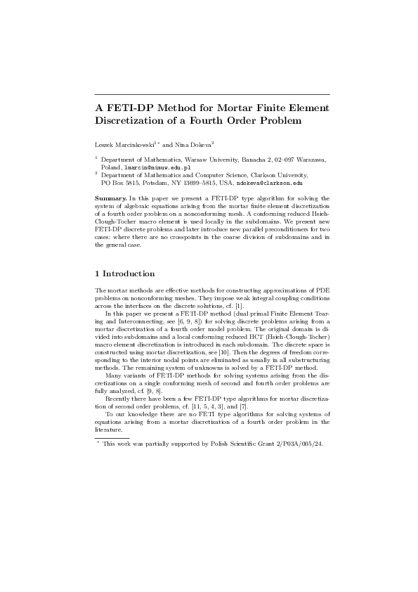 (PDF) A FETI-DP Method for Mortar Finite Element Discretization of a ...