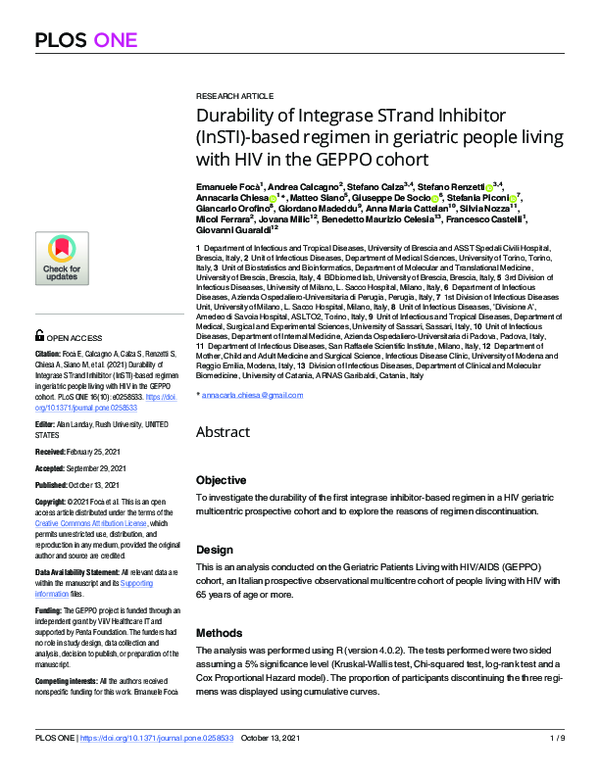 (PDF) Durability of Integrase STrand Inhibitor (InSTI)-based regimen in ...