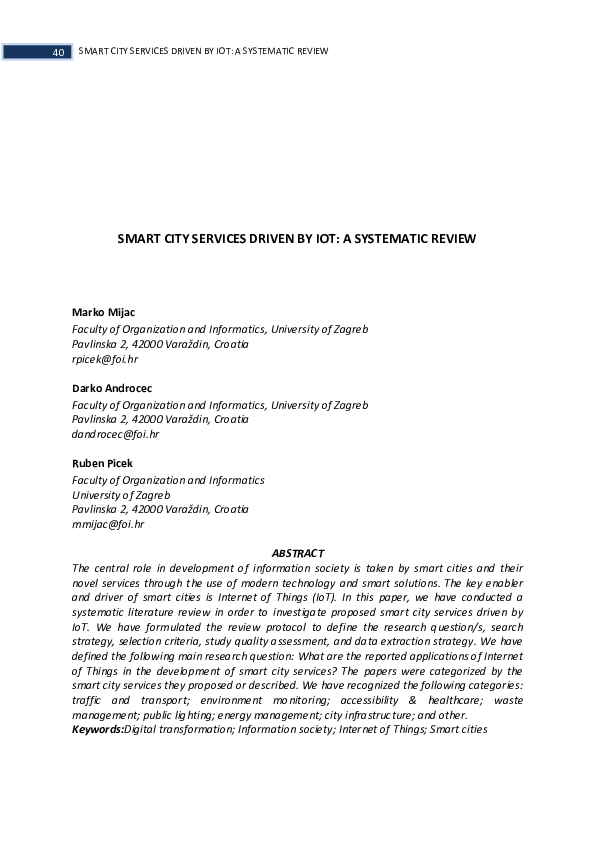 (PDF) Smart City Services Driven by Iot: A Systematic Review