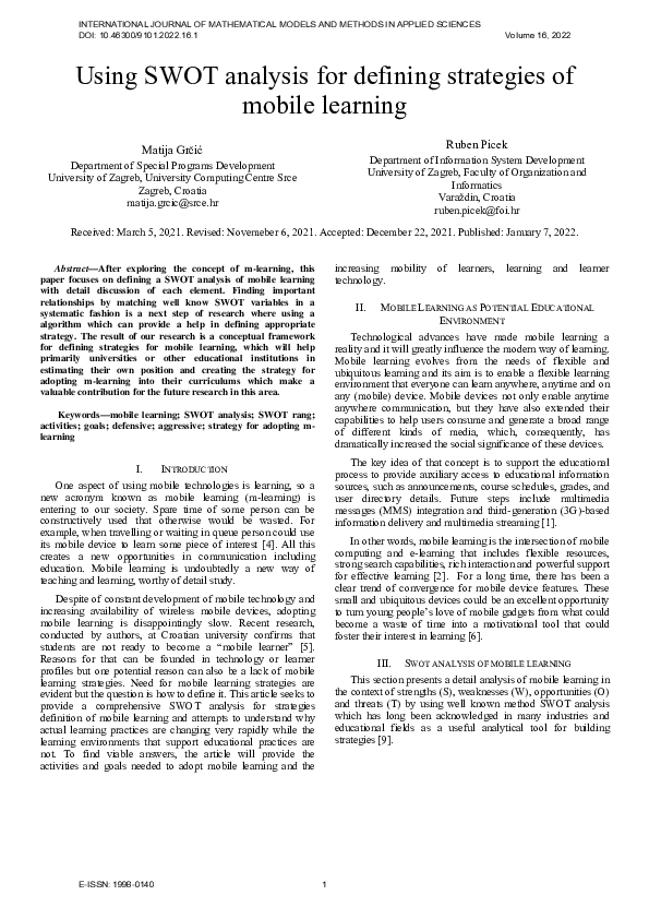 (PDF) Using SWOT Analysis for Defining Strategies of Mobile Learning