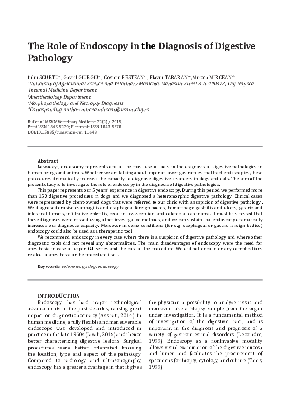 (PDF) The Role of Endoscopy in the Diagnosis of Digestive Pathology