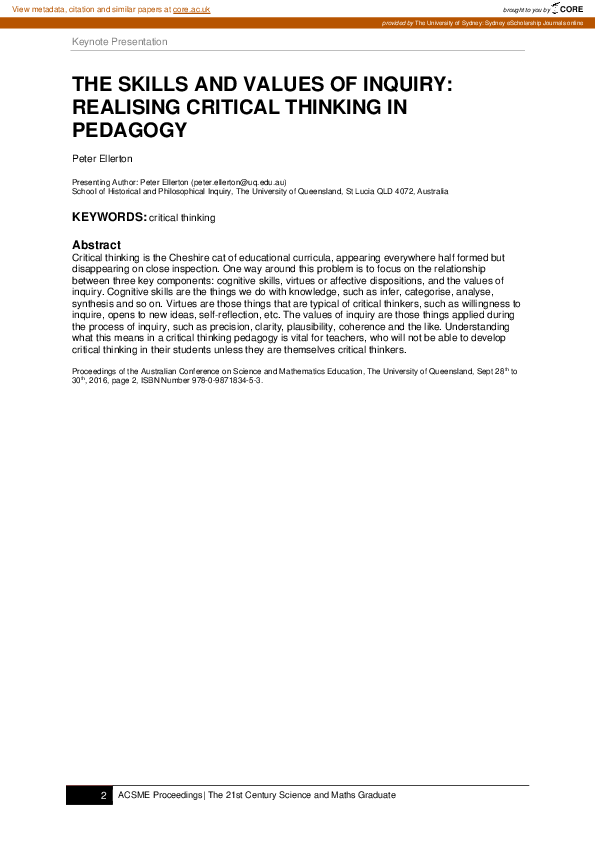 (PDF) The skills and values of inquiry: Realising critical thinking in ...