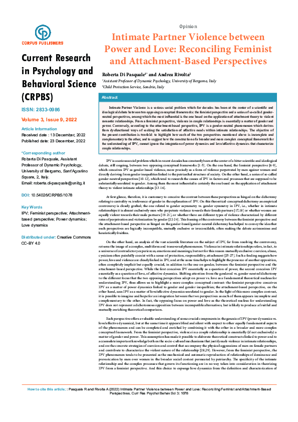 (PDF) Intimate Partner Violence between Power and Love: Reconciling ...