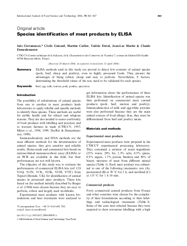 (PDF) Species identification of meat products by ELISA
