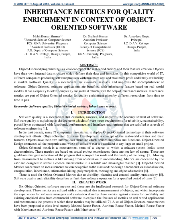 (PDF) Inheritance Metrics for Quality Enrichment in Context of Object ...
