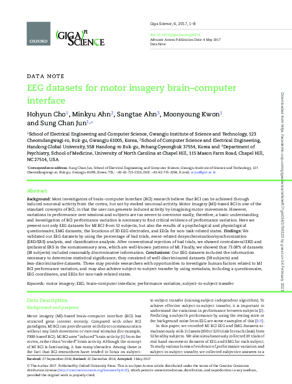 (PDF) EEG datasets for motor imagery brain–computer interface