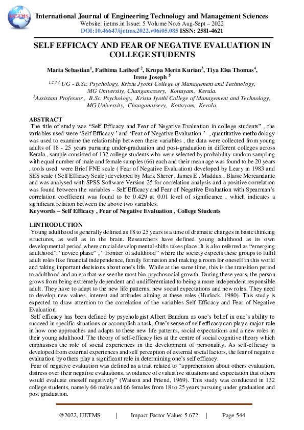 (PDF) Self Efficacy and Fear of Negative Evaluation in College Students