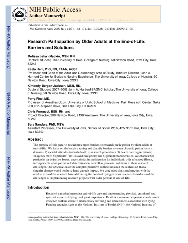 (PDF) Research Participation by Older Adults at End of Life: Barriers ...