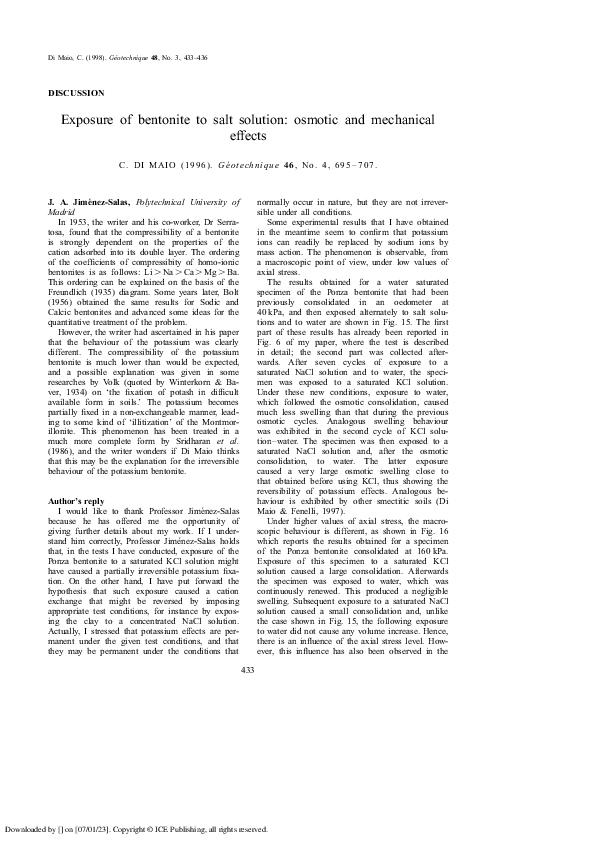 (PDF) Exposure of bentinite to salt solution: osmotic and mechnical effects