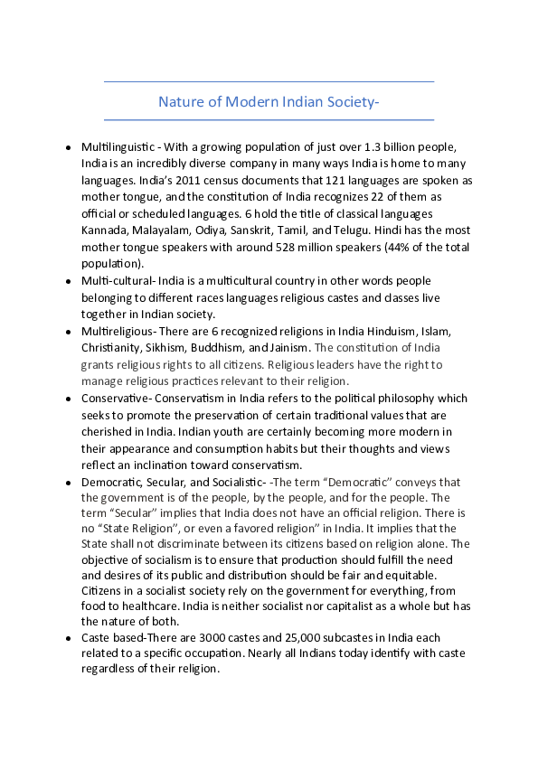 (DOC) Nature of Modern Indian Society