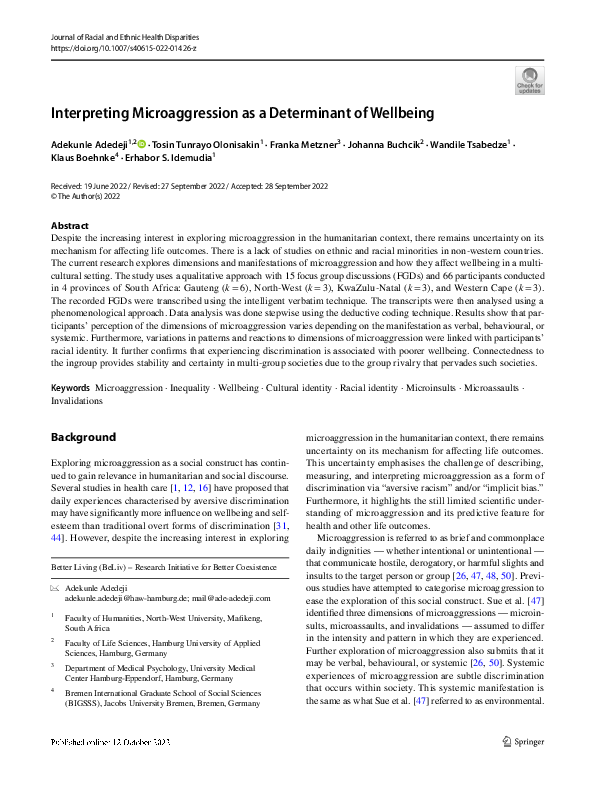 (PDF) Interpreting Microaggression as a Determinant of Wellbeing
