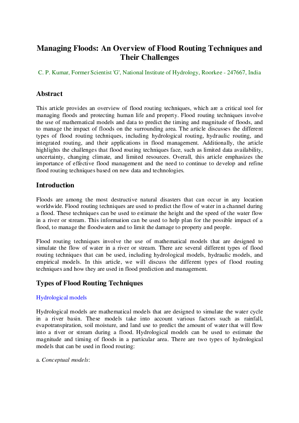 Pdf Managing Floods An Overview Of Flood Routing Techniques And