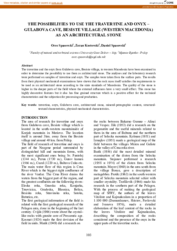 The possibilities to use the travertine and onyx-Gulabova cave, Besiste village (western Macedonia) as an architectural stone