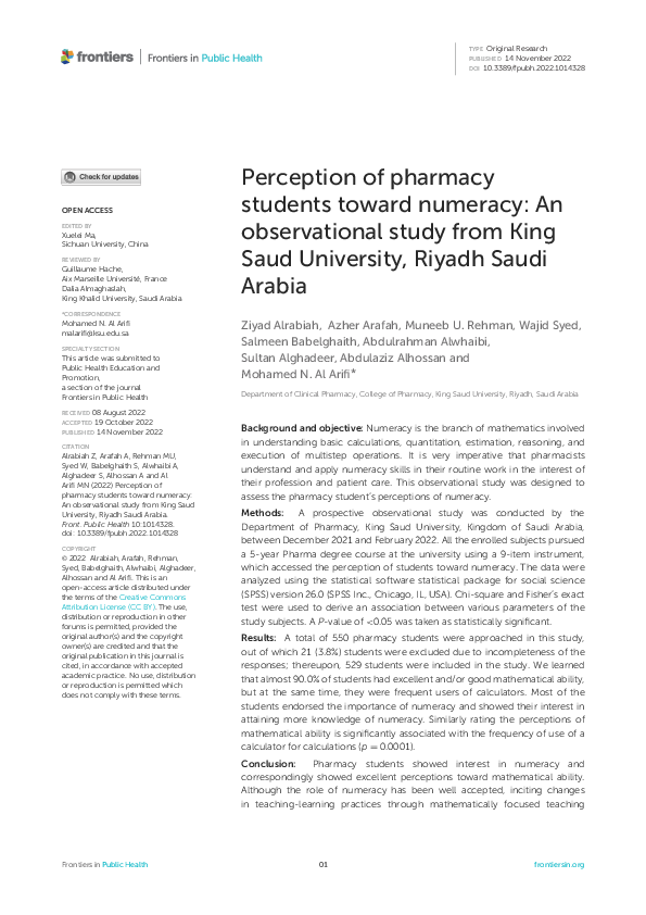 (PDF) Perception of pharmacy students toward numeracy: An observational ...