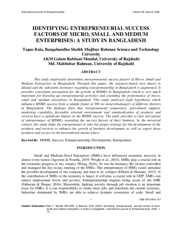 (PDF) IDENTIFYING ENTREPRENEURIAL SUCCESS FACTORS OF MICRO, SMALL AND ...