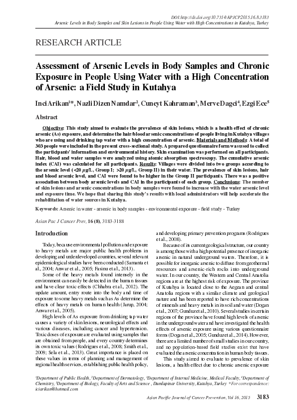 (PDF) Assessment of Arsenic Levels in Body Samples and Chronic Exposure ...