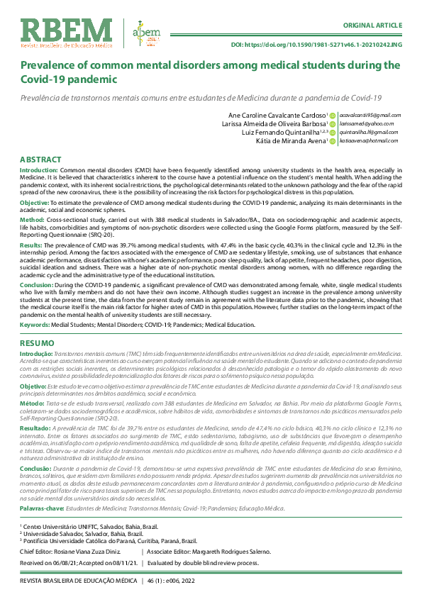 (PDF) Prevalence of common mental disorders among medical students ...